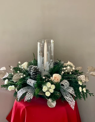 All white christmas centerpiece, christmas flowers, holiday centerpiece, table top, centerpice with candle
