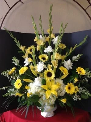 Sunflowers and White Roses Urn