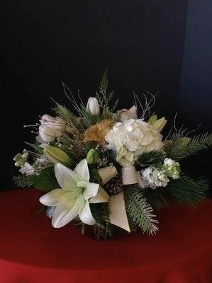christmas flowers, white tulips, hydrangea roses, lilies,