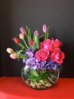 Purple Hydrangea, Roses and Tulips