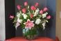 pink roses, white stock, pink stargezer lilies
