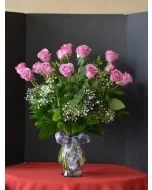 18 Purple Roses with Babies Breath