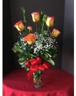 1/2 dozen circus roses, 6 sunset roses with baby breath

