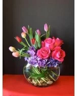 purple hydrangea roses and tulips
