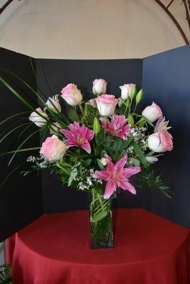 Tall Arrangement of Roses and Stargazer Lilies