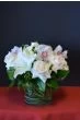 all white flower arrangement, white roses, white orchids, white lilies,low arrangement, centerpiece