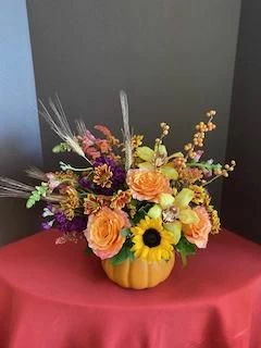Thanksgiving Feast of Flowers in a Pumpkin 