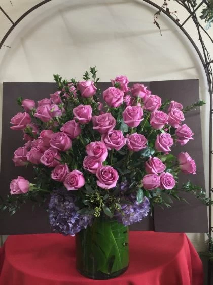100 Purple Roses and Hydrangea