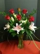 red roses and pink lilies, long stems red roses and stargezer lilies