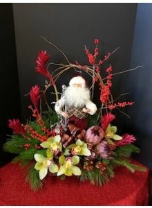 Christmas flowers, christmas arrangement, christmas gift idea, christmas decor, santa for Christmas, tropical flowers, ginger orchids, protea, berries
