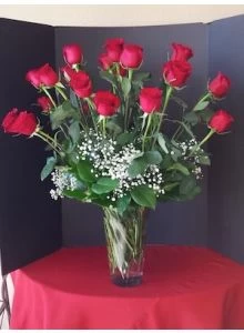 2 dozen red roses, two dozen long stems red roses, roses with baby breath