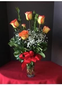 1/2 dozen circus roses, 6 sunset roses with baby breath
