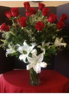 Roses and lilies, red roses with white lilies,long stems red roses, white lilies
