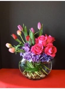 purple hydrangea roses and tulips