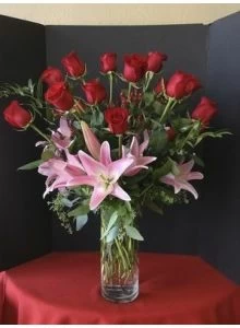 long stems red roses and stargezer lilies, red roses and pink lilies
