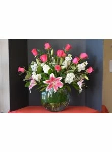 pink roses, white stock, pink stargezer lilies
