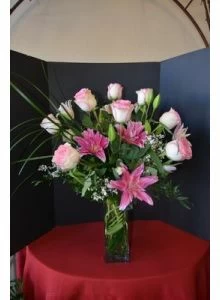 Tall Arrangement of Roses and Stargazer Lilies