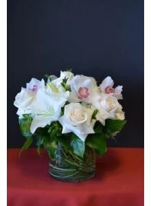all white flower arrangement, white roses, white orchids, white lilies,low arrangement, centerpiece