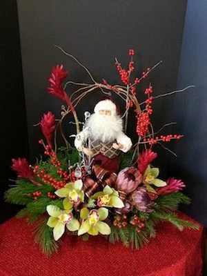 Christmas flowers, christmas arrangement, christmas gift idea, christmas decor, santa for Christmas, tropical flowers, ginger orchids, protea, berries