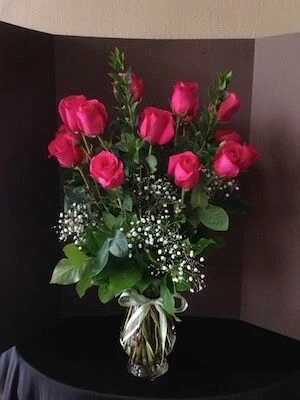 1 Dozen Hot Pink Roses with Babies Breath
