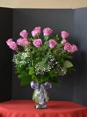 18 Purple Roses with Babies Breath