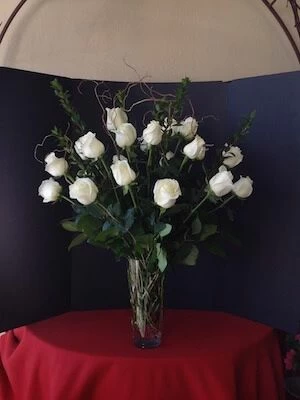 2 Dozen white roses with curly willow 