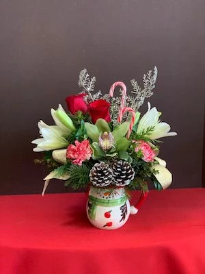 Snowman Mug of Christmas Flowers, christmas arrangement, gift idea