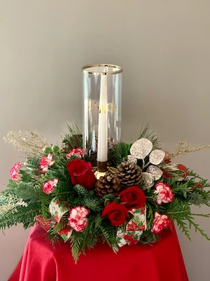 Christmas centerpiece, holiday centerpiece, christmas flowers with christmas greens 