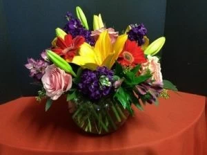 Rainbow-Roses and Lilies Flower Arrangement