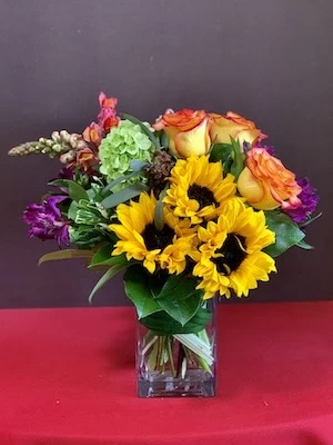 get well flowers, colorful flowers, sunflowers, roses, hydrangea